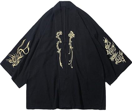 l Kimono Cardigan, Dragon Phoenix Stylish, Casual, Thin, Open Collar Shirt, Sunscreen, Loose Top, For Spring, Summer, Autumn, l Black