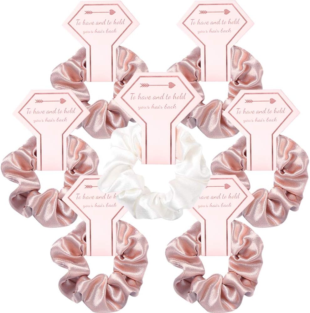 1+6 Pack Bridesmaid Scrunchies Wedding Bridal Shower Party Favors,Stain Hair Scrunchies for Girls Bachelorette Party Gift Supplies (Pink)