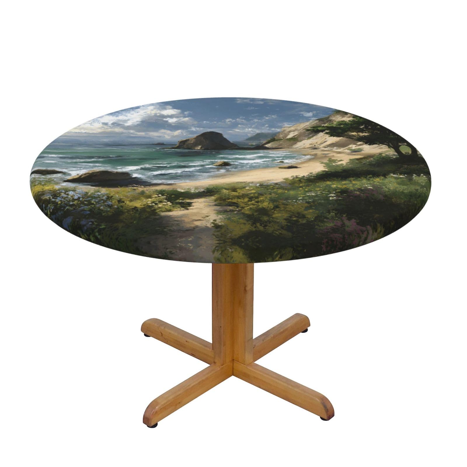 ESNAIUVCD Seaside Scenery print Waterproof Round Tablecloth,Outdoor Table Cloth with Elastic Edged, Elastic Tablecloth Wipeable, Garden Table Cloth Suitable for sizes 90cm-140cm