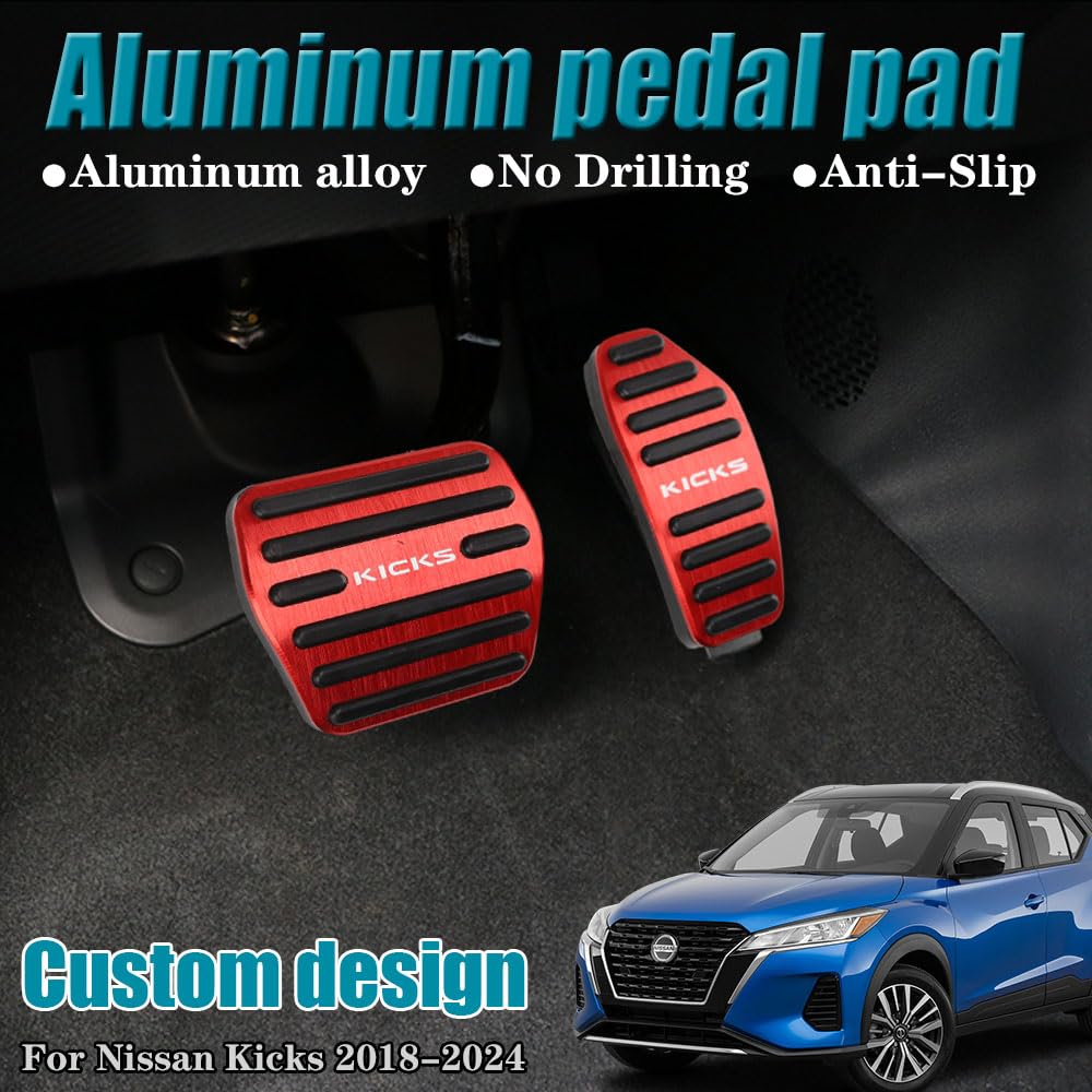 LEXLEY 2PCS Anti-Slip Aluminum Brake Gas Pedal Pads,Auto No Drilling Accelerator Pedal Covers Only for Nissan 2018-2025 Kicks-RED
