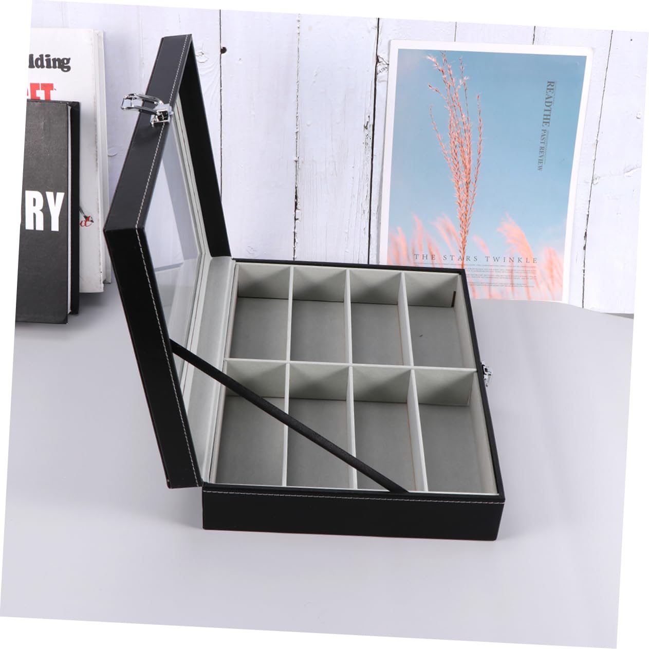 minkissy Estuche Organizador para Gafas De Sol con 8 Compartimentos, Interior De Tela Gris, Tapa De PU Negro con Textura De Punteado, Bandeja para Almacenamiento Seguro y Exhibición En Hogar y Tienda