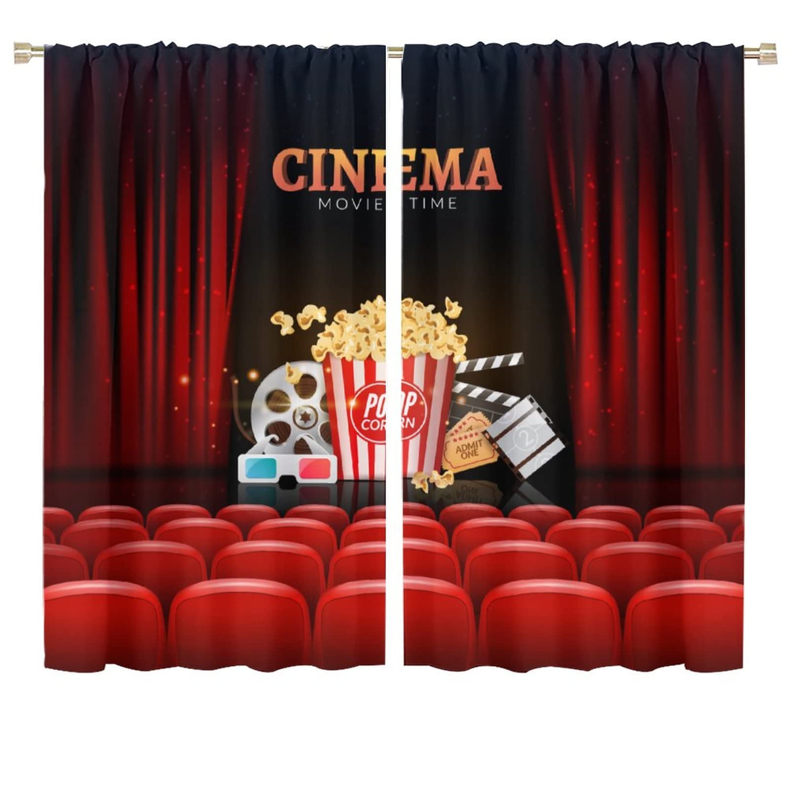 Popcorn Movie Clapboard Blackout Curtains Cinema Theater Background Print Privacy for Bedroom Living Room Studio Dorm Window Curtain Drapes 2 Panels 72x63in