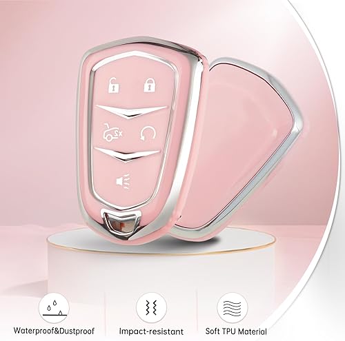 Miniatura 3 de YO&YOYE Funda para llavero Cadillac con llavero, funda de TPU suave color rosa para Cadillac Escalade CTS SRX XT5 ATS CT6 5 botones Smart Key Case