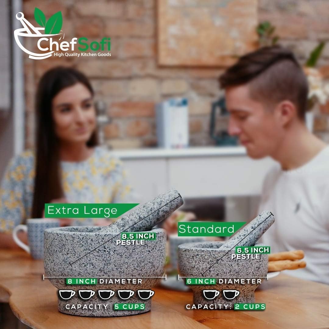 ChefSofi Cheese Board and Mortar and Pestle Sets - The Standard 6 inch 2 Cup and the EXTRA Large 8 inch 5 Cup Capacity Combined with the Original ChefSofi Cheese Board