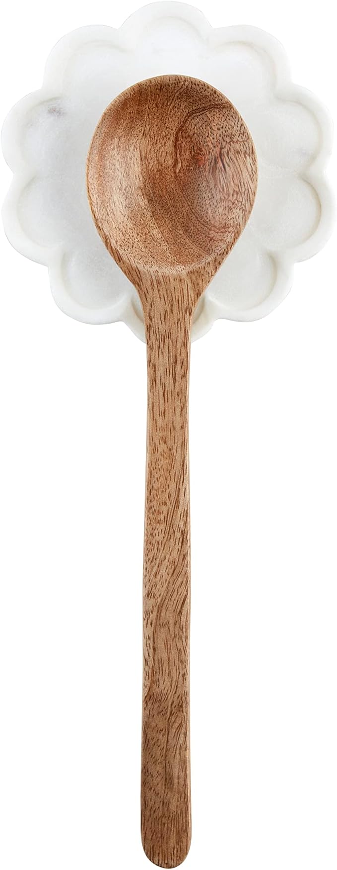 Mud Pie Scalloped Spoon Rest and Wooden Spoon Set, White, 5" dia,