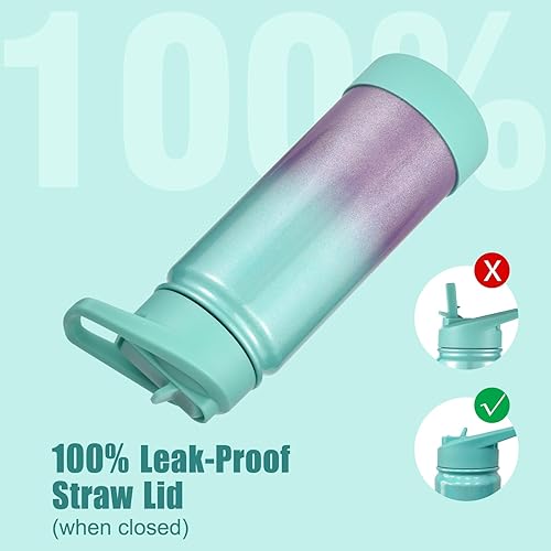 Miniatura 5 de Mininoo Botella de agua para niños, botella de agua de acero inoxidable de 16 onzas con aislamiento y tapa con popote, a prueba de fugas (Aurora)