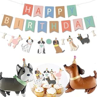 犬のテーマの誕生日パーティー用品デコレーション、犬の誕生日パーティーバナー、犬のバルーン、ペット犬のカップケーキトッパー24個(ハッピーセット)