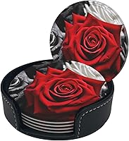 Vista 2 de Black White and Red Roses Print 6 Pcs Round Coasters Leather Waterproof Drink Coasters Mugs Mat Pad with Holder for Living Room Kitchen Bar 3.9 Inch