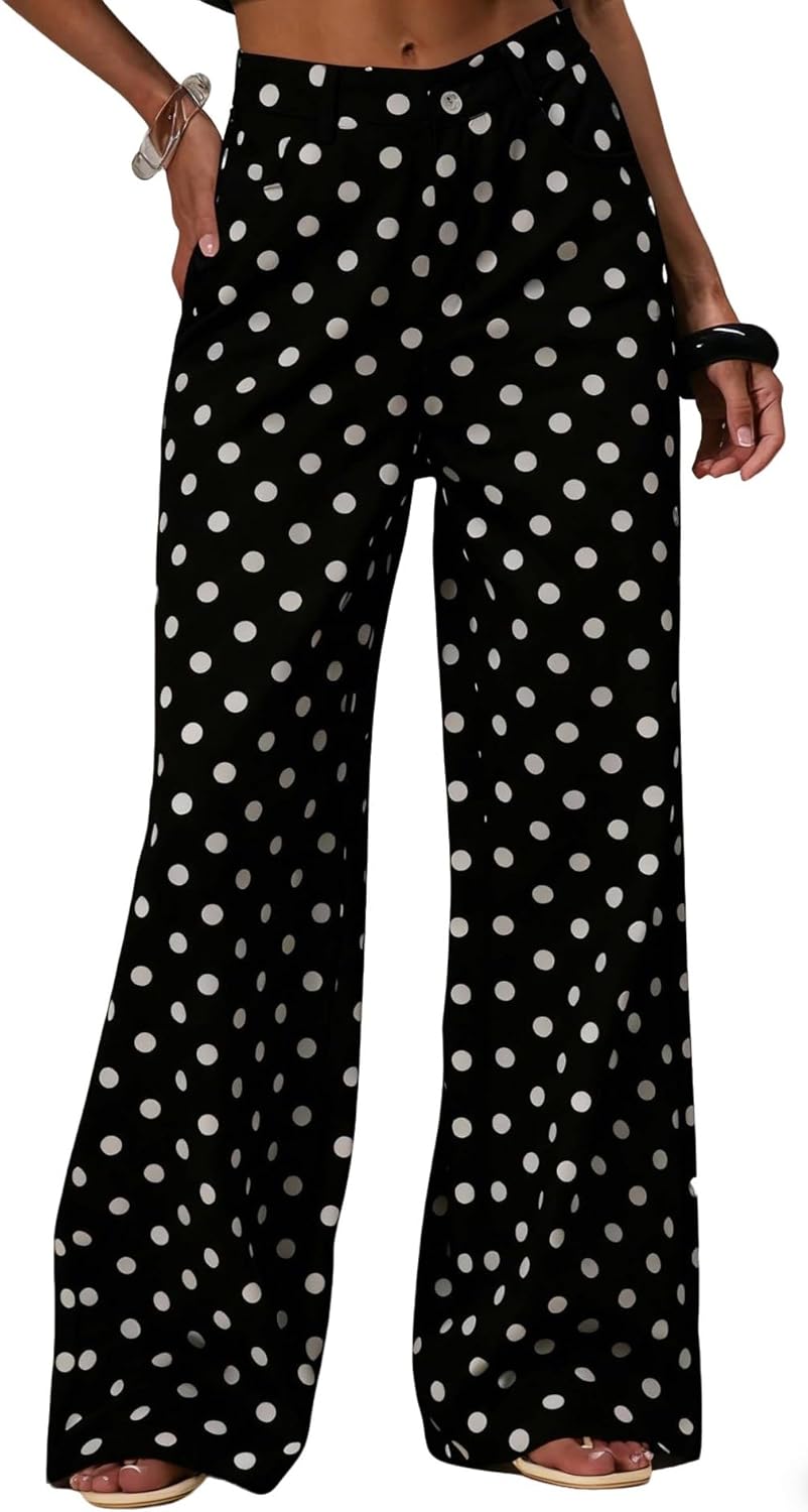 CHARTOU Women Polka Dot Wide Leg Denim Pants Color Contrast High Waist Baggy Boyfriend Jeans with Pockets