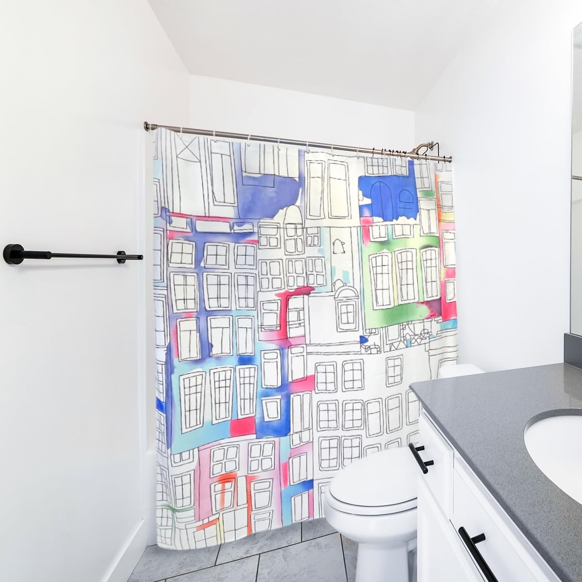 TOKYO ART Artistic Cityscape Shower Curtain – Modern Urban Sketch Design with Colorful Watercolor Accents, Waterproof & Durable, 71x71 Inches (Modern Cityscape)
