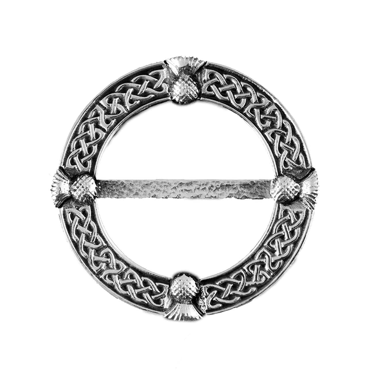 Ladycrow Scarf Ring Clip Pewter Thistle Celtic Knot Dragonfly Frog on Leaf Brooch Round and Grey for Women Clothing Present Accessory Scotland Gift (S M)