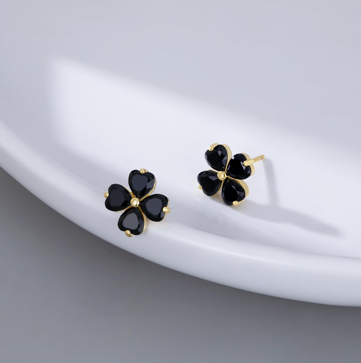Reffeer Solid 925 Sterling Silver CZ Four Leaves Clover Earrings Studs for Women Teen Girls Heart Cut Black Clover Studs Earrings Leaf - Image 3