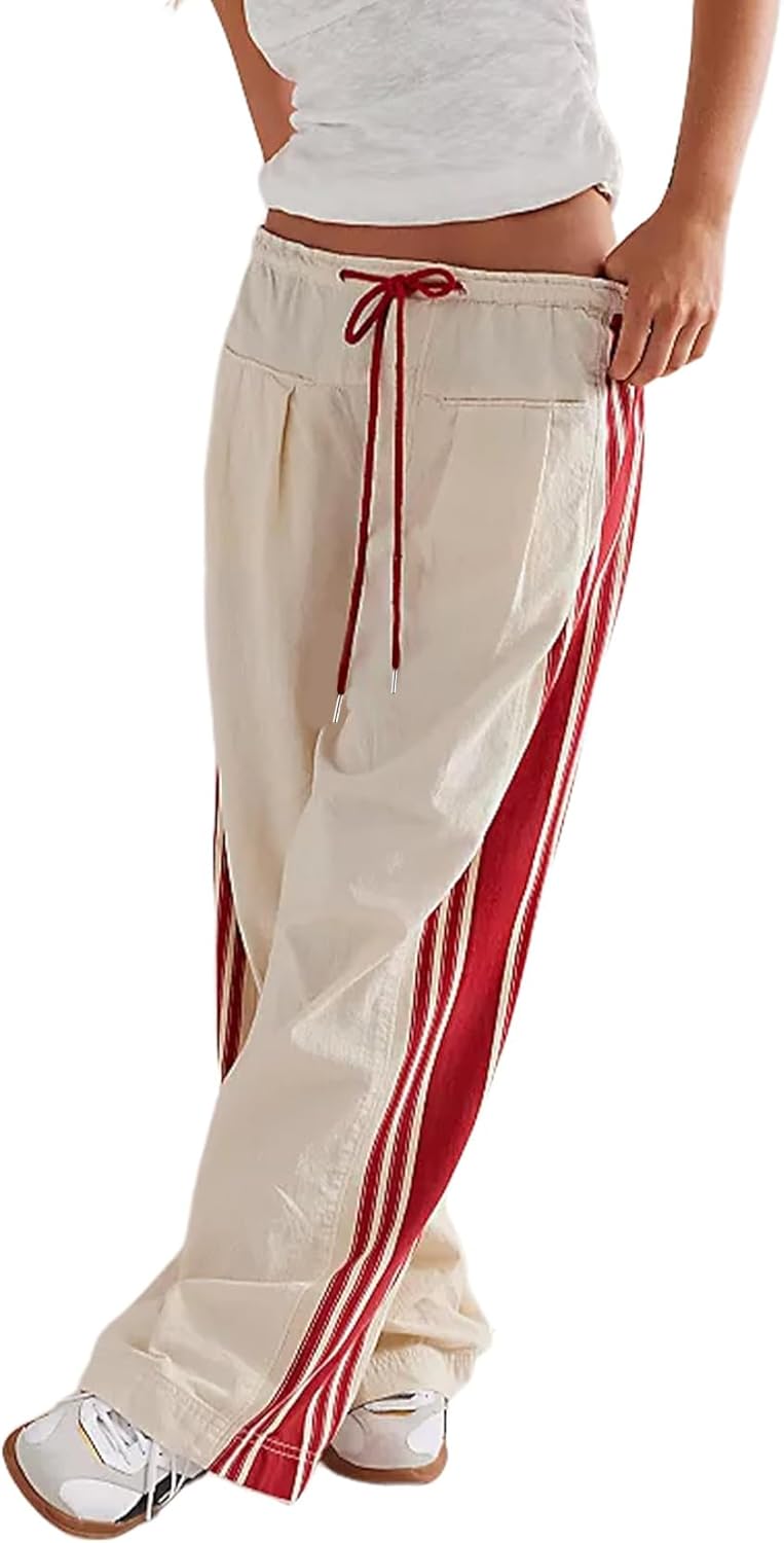 Wyeysyt Womens Wide Leg Pants Drawstring High Rise Palazzo Pants Side Striped Baggy Track Pants with Pockets