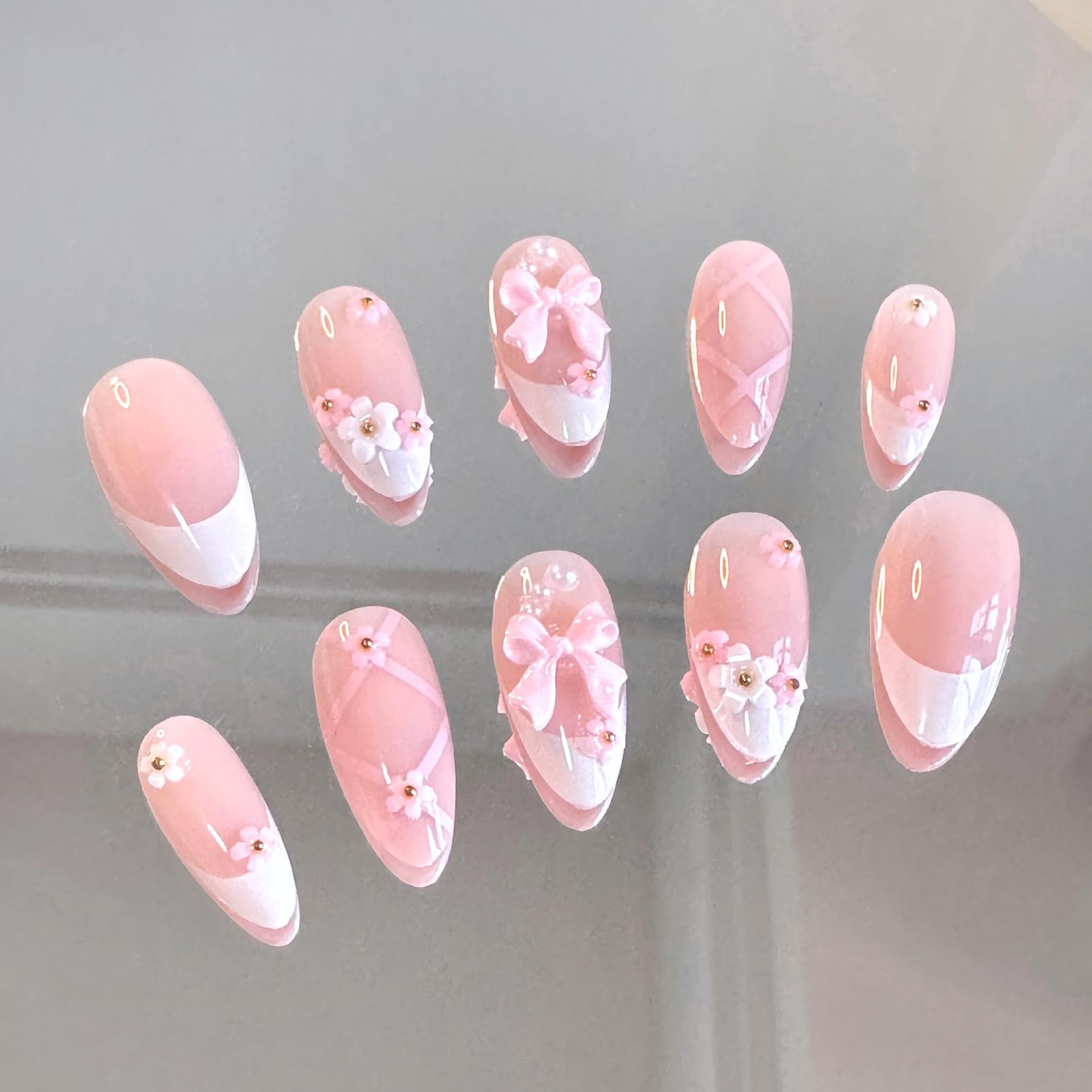 24 Pcs 3D Pink Press on Nails Y2K with Glue Butterfly and Flower Designs Bow Nails Pink Acrylic Nails Cute Press on Nails