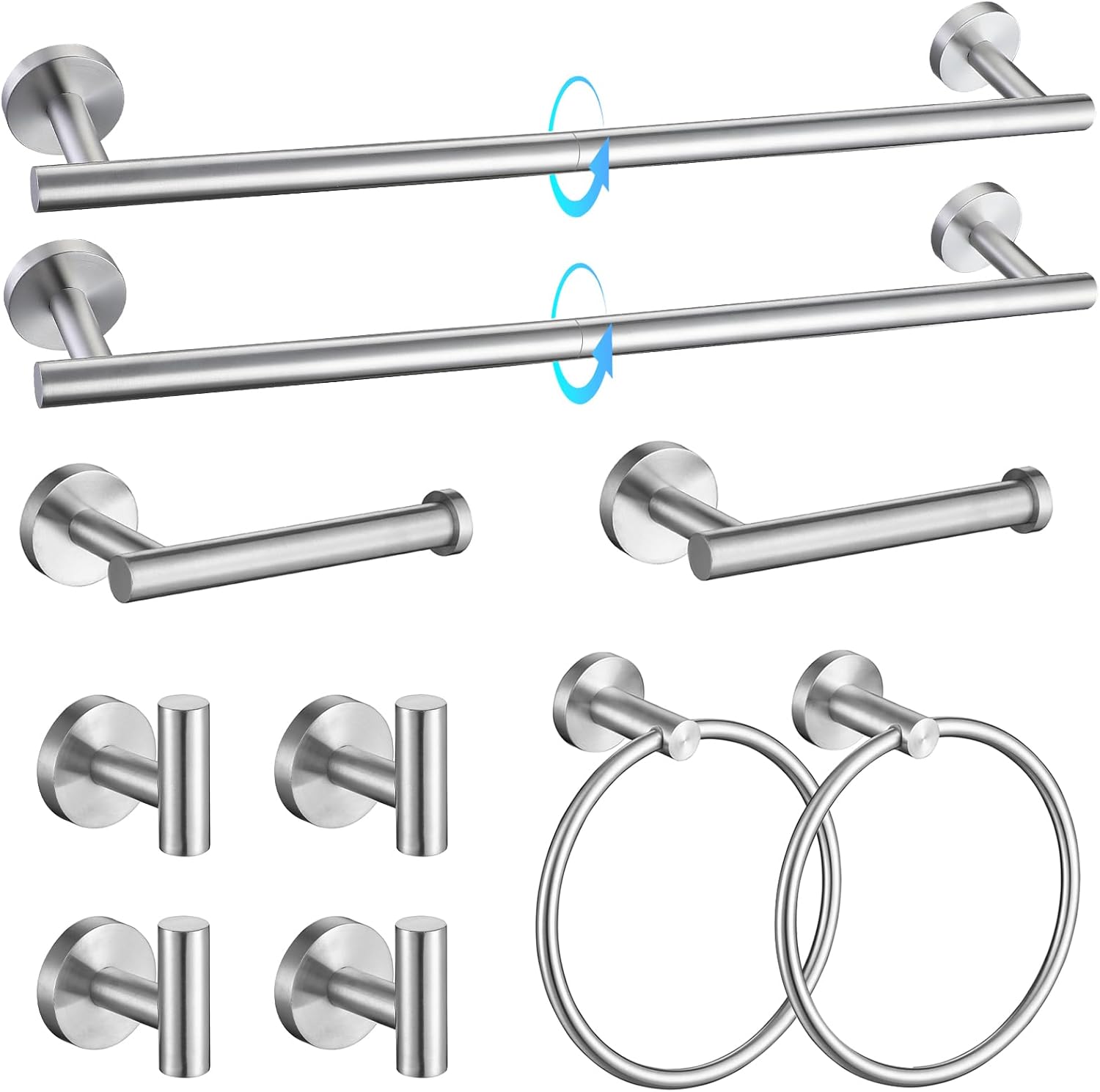 TQKAG Brushed Nickel Bathroom Hardware Accessories Set - 10-Piece Premium SUS304 Stainless Steel Towel Bar Holder Set with 23.6 Inch Round Towel Racks for Wall Mounted Bathroom