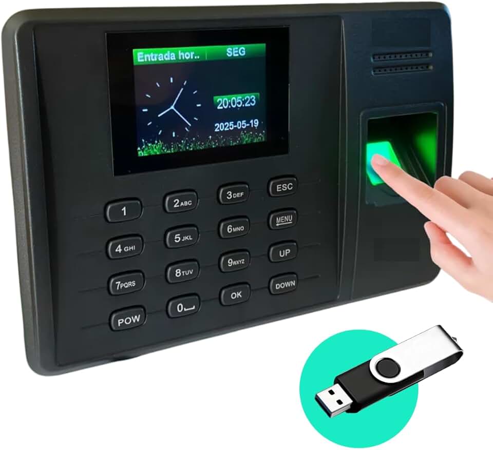 Relógio Ponto Biométrico com Impressão Digital, Sistema de Controle de Acesso Eletrônico, Máquina Para Empresa, Tela Colorida, Controle de Jornada Inclui Pen Drive Não Requer Instalação de Software