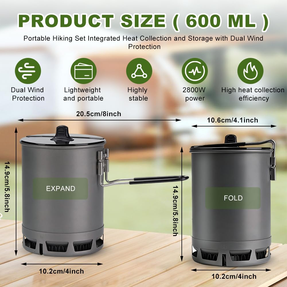 Campingtopf, Camping-Topf, mit Klappgriff, mit Wärmetauscher, Outdoor Picknick Topf, Tragbarer Wasserkocher, Leichtes Campinggeschirr für Picknick, Wandern, Kochgeschirr, Camping, 600ml