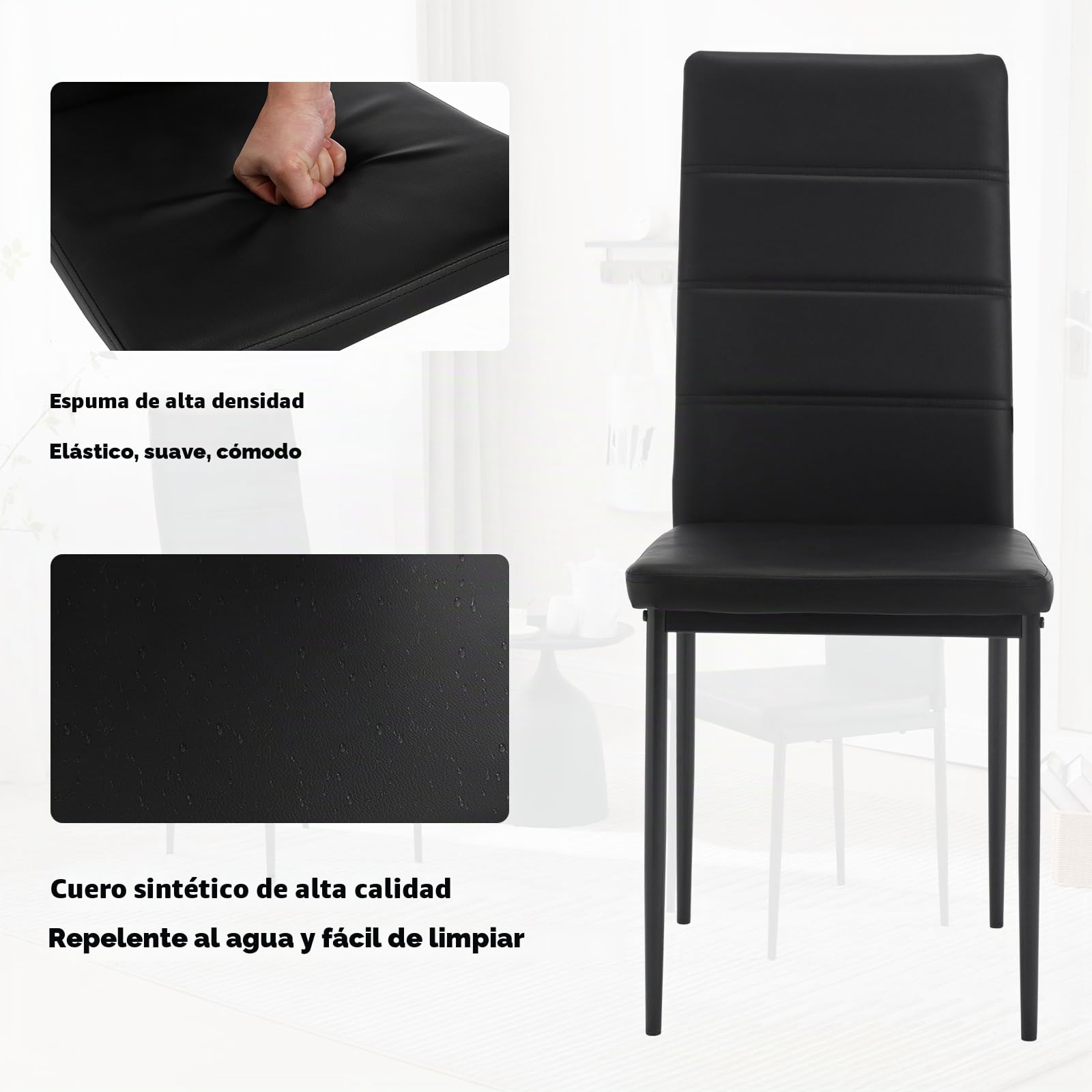 WOLTU Juego de 4 Sillas de Comedo,Piel Sintética,Negro | Respaldo Alto, Tapizadas, con Patas de Metal, para Comedor, Salón, Dormitorio