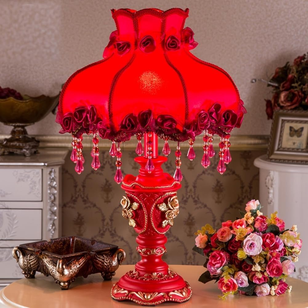 Red Victorian Lamp Antique Fabric Table Lamp European Pastoral Night Stand Lamp 1 Head Flower Floral Table Light with Beaded Fringe and Lace
