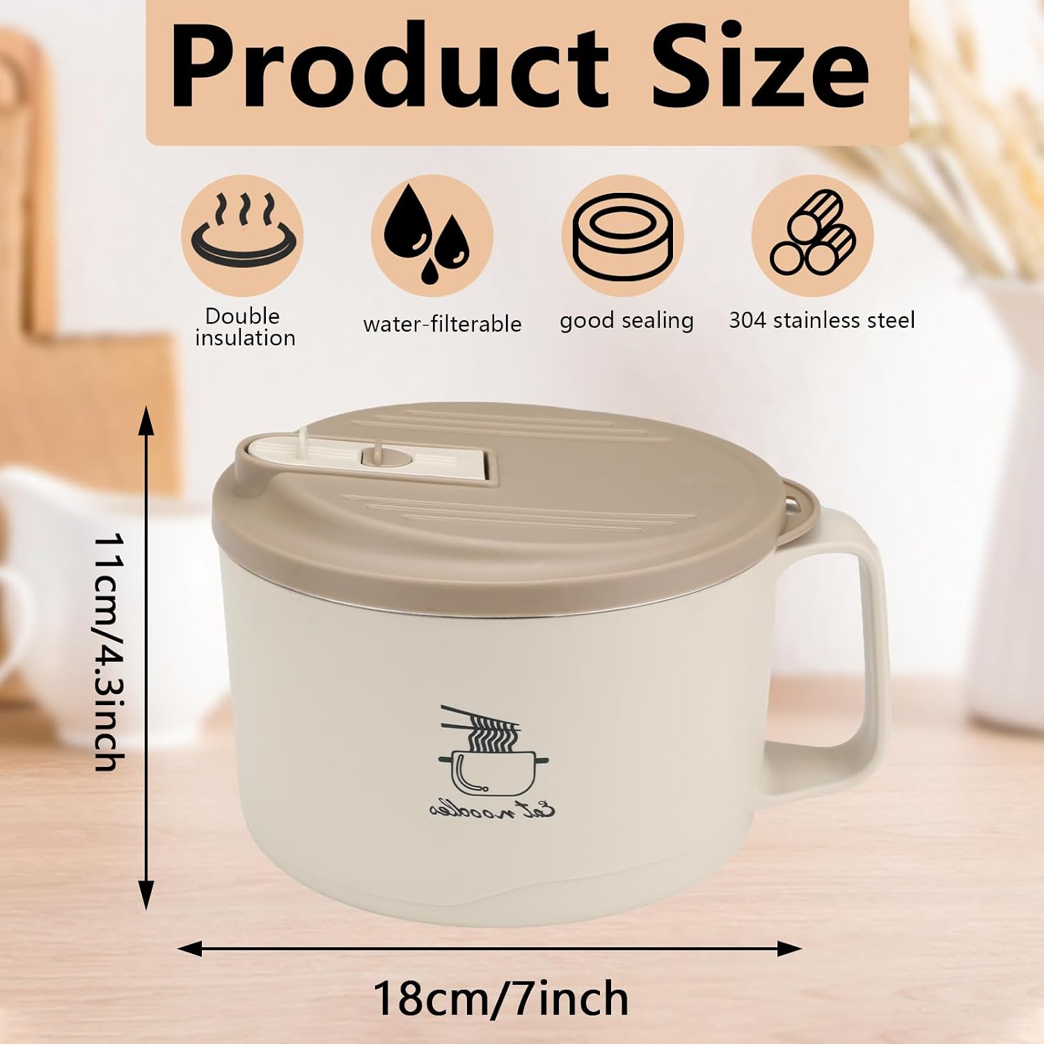 Noodle Bowl with Lid & Handle, 37.1 Oz, Stainless Steel Liner & PP, White