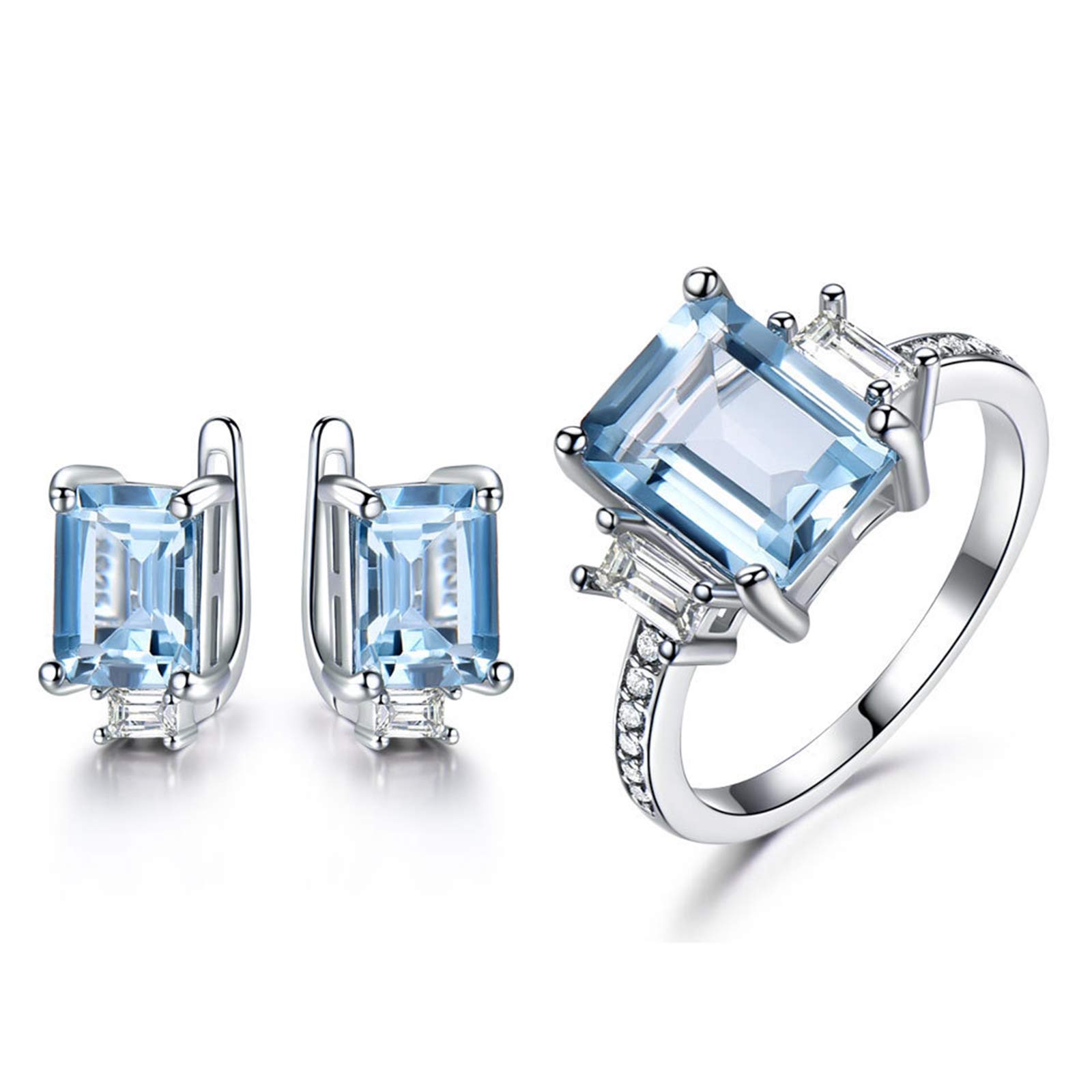 KnSam Damen Ring, Halskette Silber Mädchen Quadrat Hochzeit Schmuckset Aus 925 Silber Für Damen Frau Mit Erstellt Blau Topas Blau
