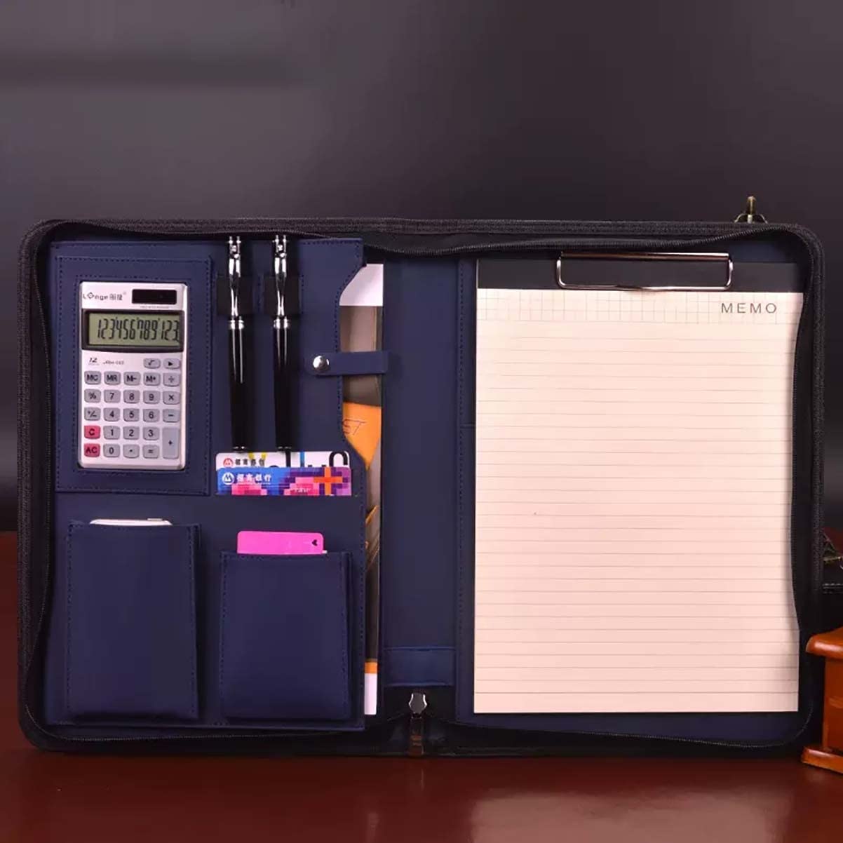 Teczka konferencyjna Organizer na dokumenty， Teczka A4 z schowkiem i miejscem do przechowywania, segregator z kalkulatorem, zamykany na suwak, na CV(Blauw,12digit solar calculator)