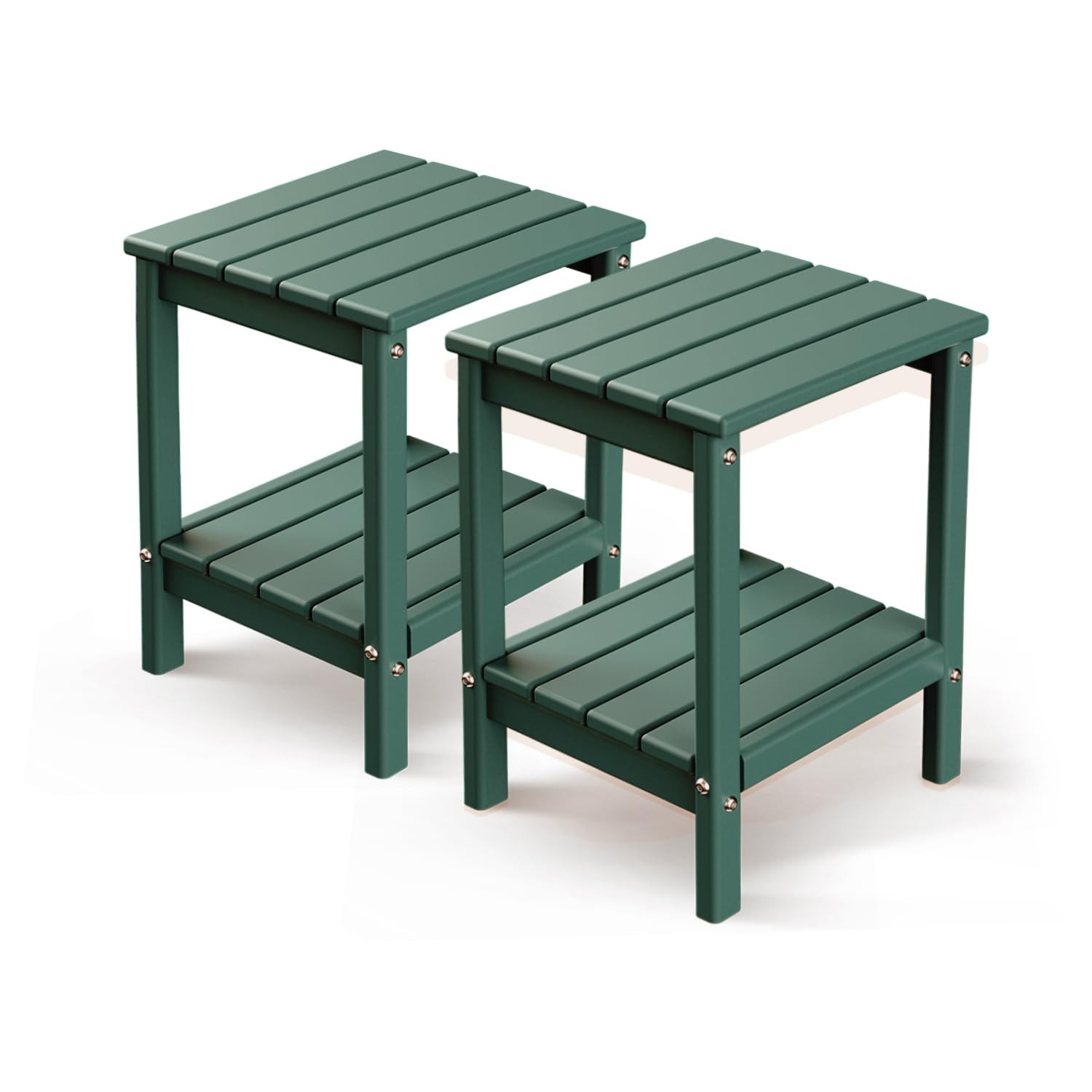GREENVINES Adirondack-Outdoor-Side-Table | Set of 2 | 14 x 13 Inches | HDPE Plastic | All Weather | Forest Green | Outside End Tables | Storage Shelf
