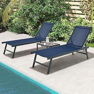 Tangkula 3 Piece Patio Chaise Lounge Set Aluminum Patio Recliner with Coffee Table 6 Level Backrest Adjustment Outdoor Lounge Chair Side Table Set for Poolside Backyard Navy Blue