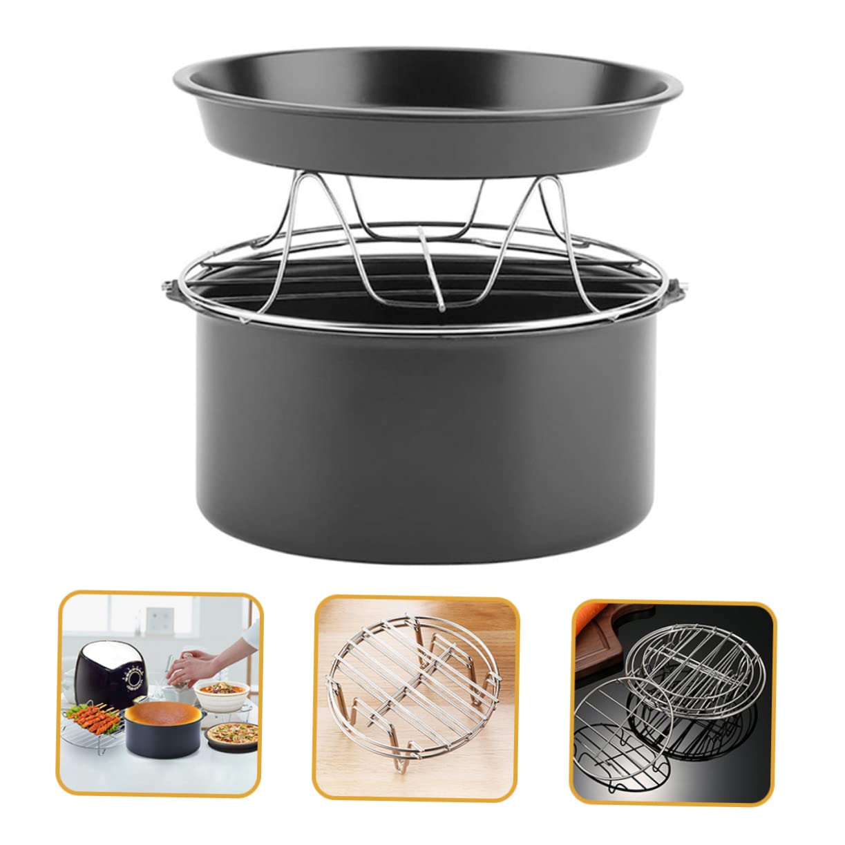 9-zoll Backform aus Edelstahl für Heißluftfritteusen, 1 Satz | Pizza und Kuchenform, Dampfgaraufsatz, Schwarz, Vielseitig und Sicher für Küche und Suppen