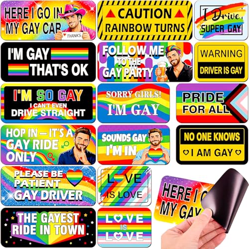 Image of 16PCS Gay Pride Car Bumper Magnets: Funny Rainbow Decals Bulk for LGBT Parade, Truck, Fridge, Cruise - Prank Gift Idea (Character)