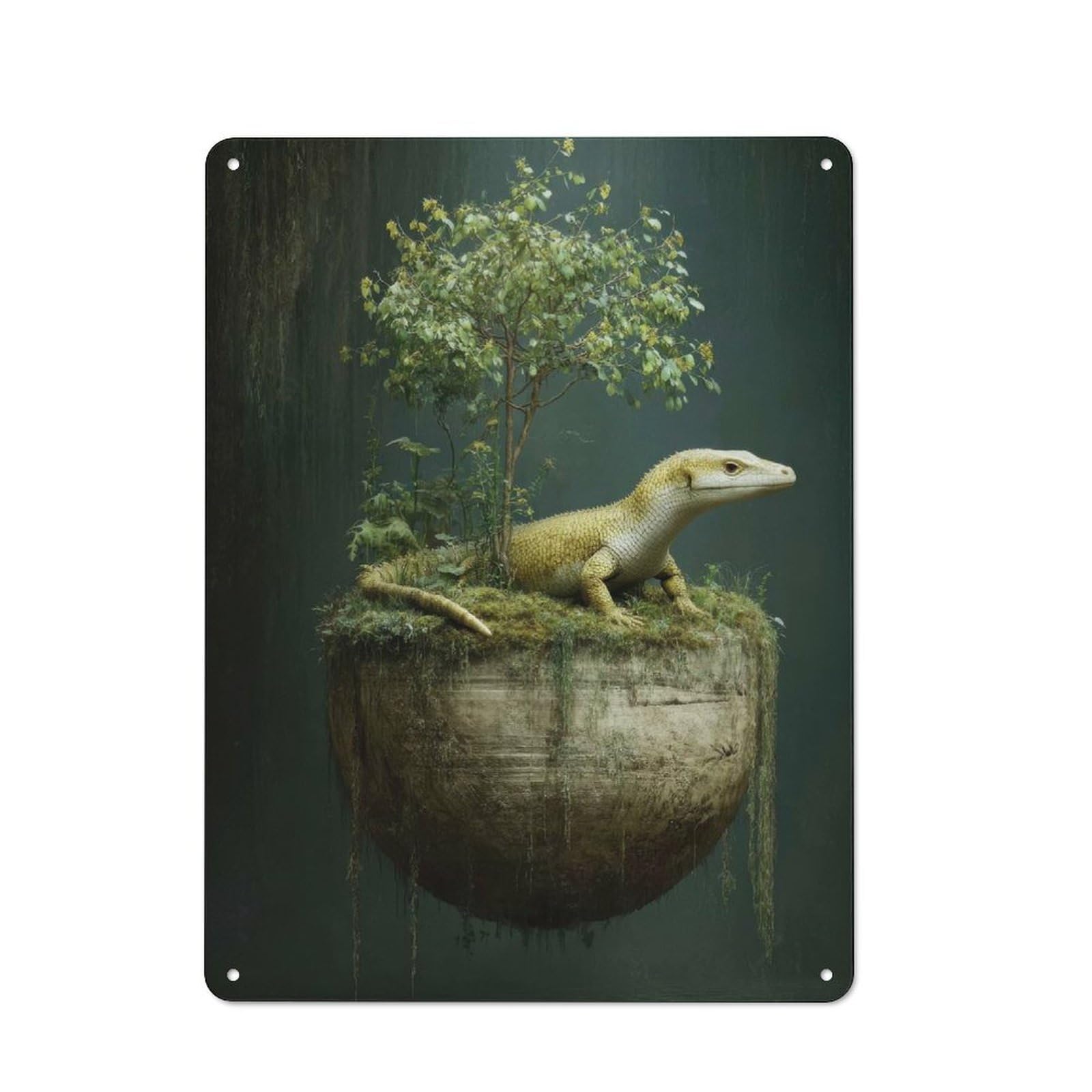 Junmoney Style-11 Vintage Metal Plaque 40X30cm Featuring Lizard On Floating Island With Tree For Hallway Wall, For Wall Display Collectors