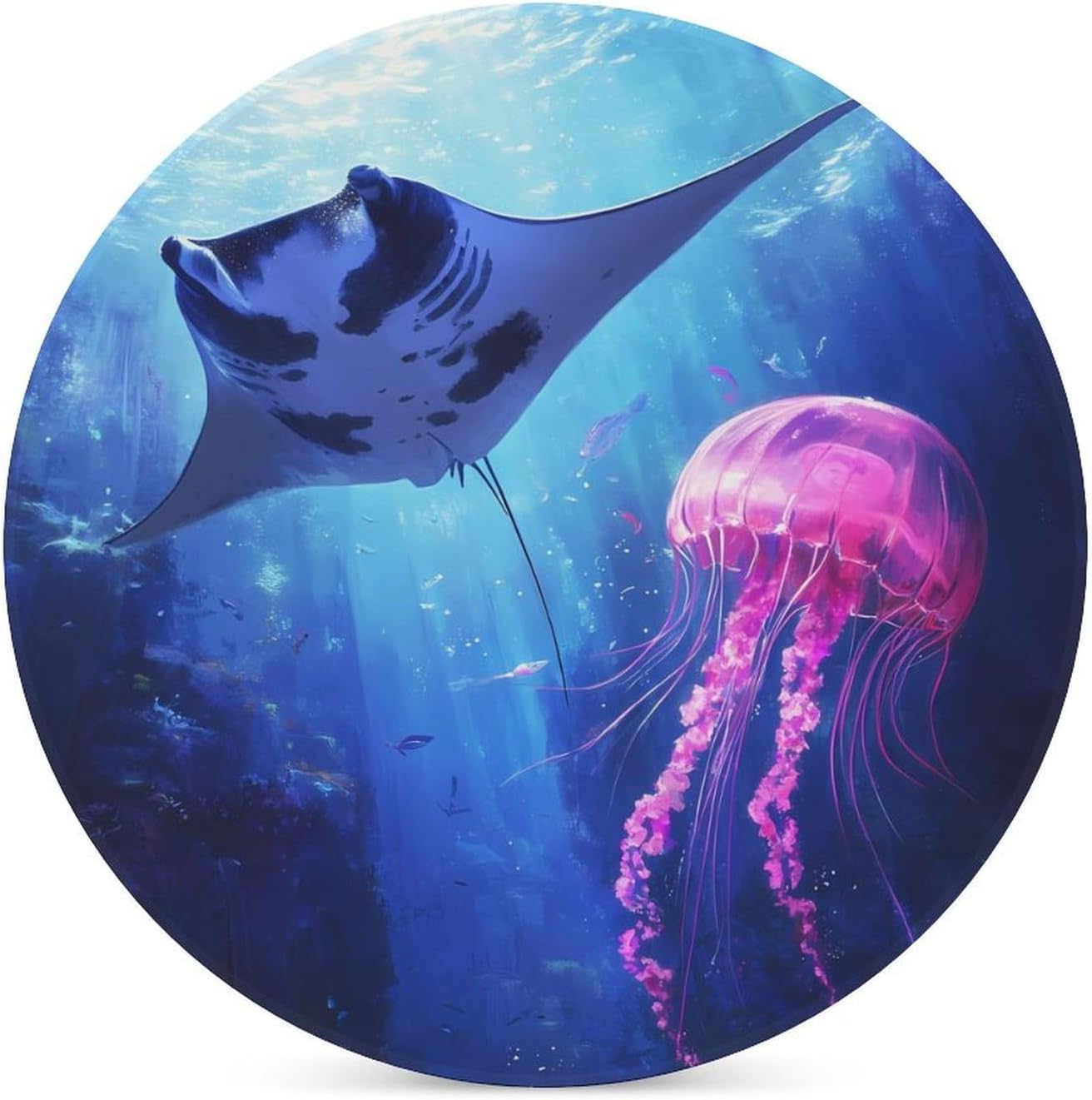 Manta Ray Jellyfish Round Ceramic Coasters for Drinks Absorbent Cup Holder Tabletop Protector with Cork Base