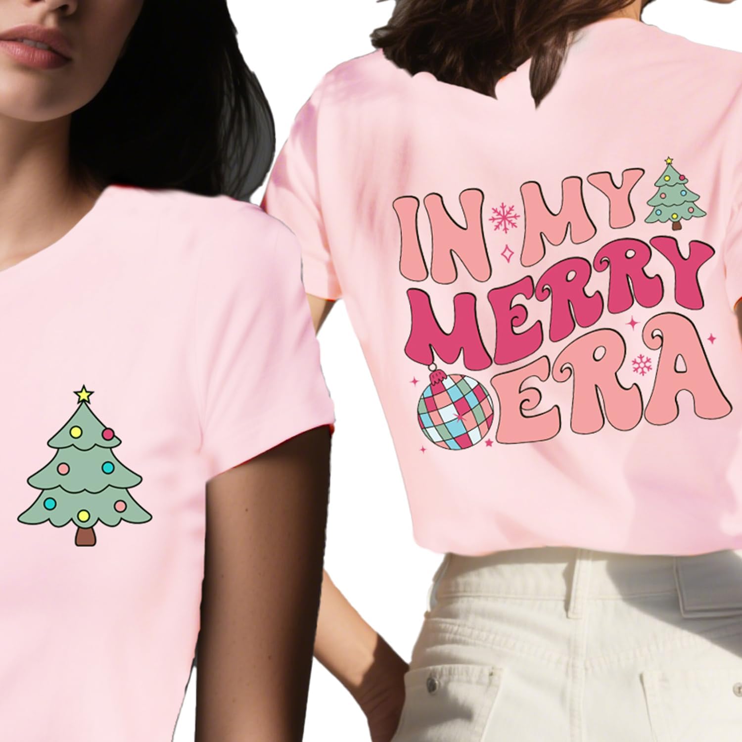 in My Merry Era T-Shirt Christmas Shirts for Women Front and Back Xmas Holiday Tree Graphic Tee Tops - Image 6