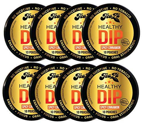 TeaZA Herbal Energy Pouch Spicy Cinnamon Flavor Nicotine Free Made with Green Tea Energy Dip Pouches [8 Pack]