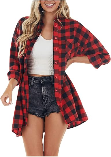 Buffalo Plaid Shirts for Women Roll Up 