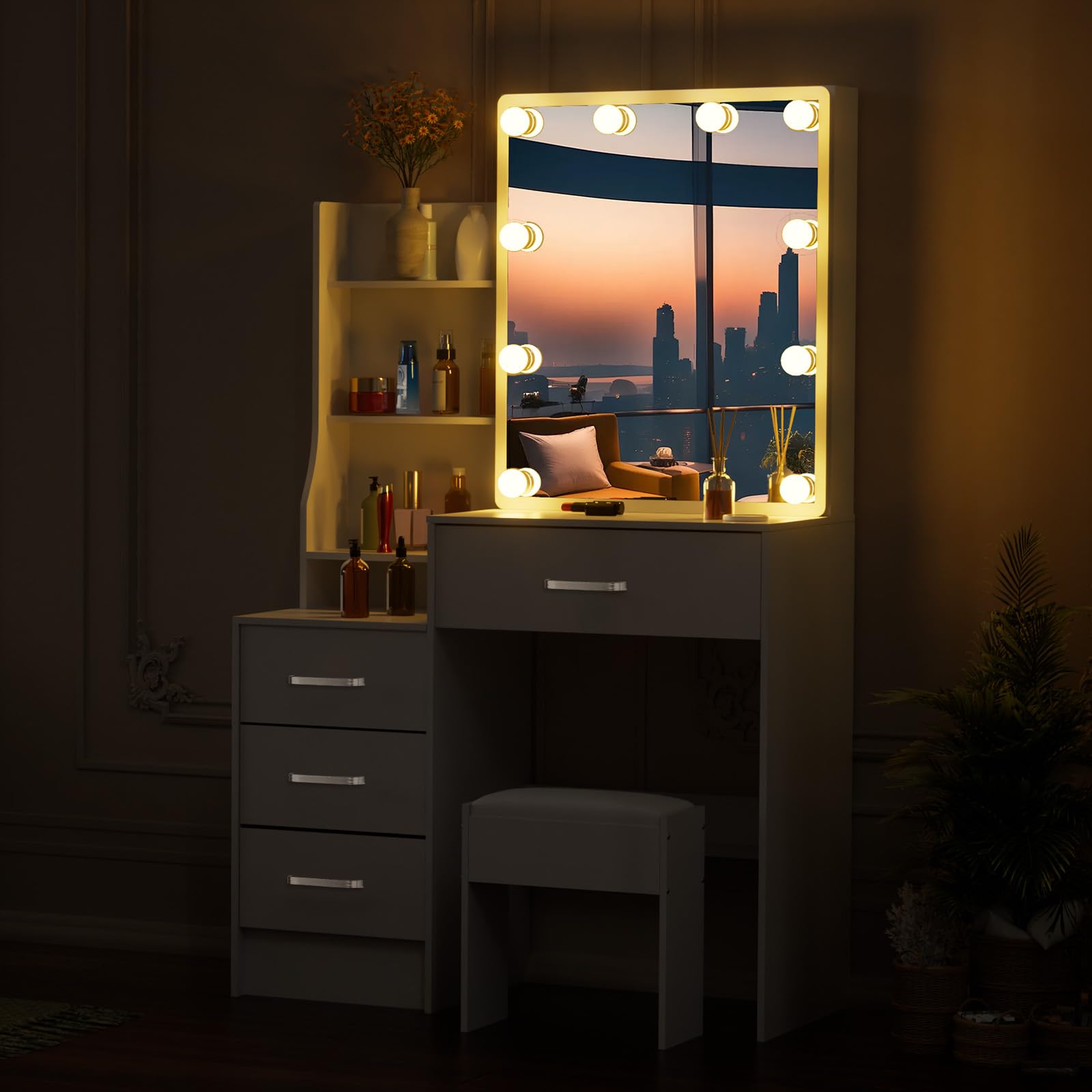 Coiffeuse Avec Miroir Et Tabouret LIANWANG - Table De Maquillage LED Luminosité Réglable Noir 131x36x80 Cm