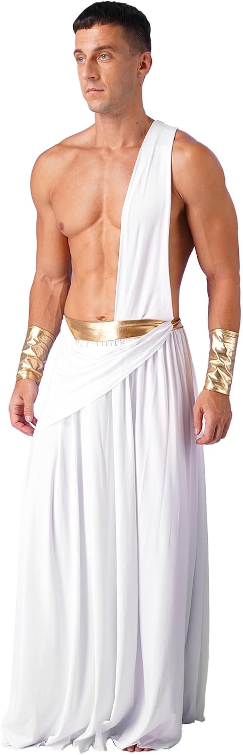 Alvivi Mens Ancient Greek Cosplay Long Skirt with Wristbands One Shoulder Strap Roman Toga Costumes