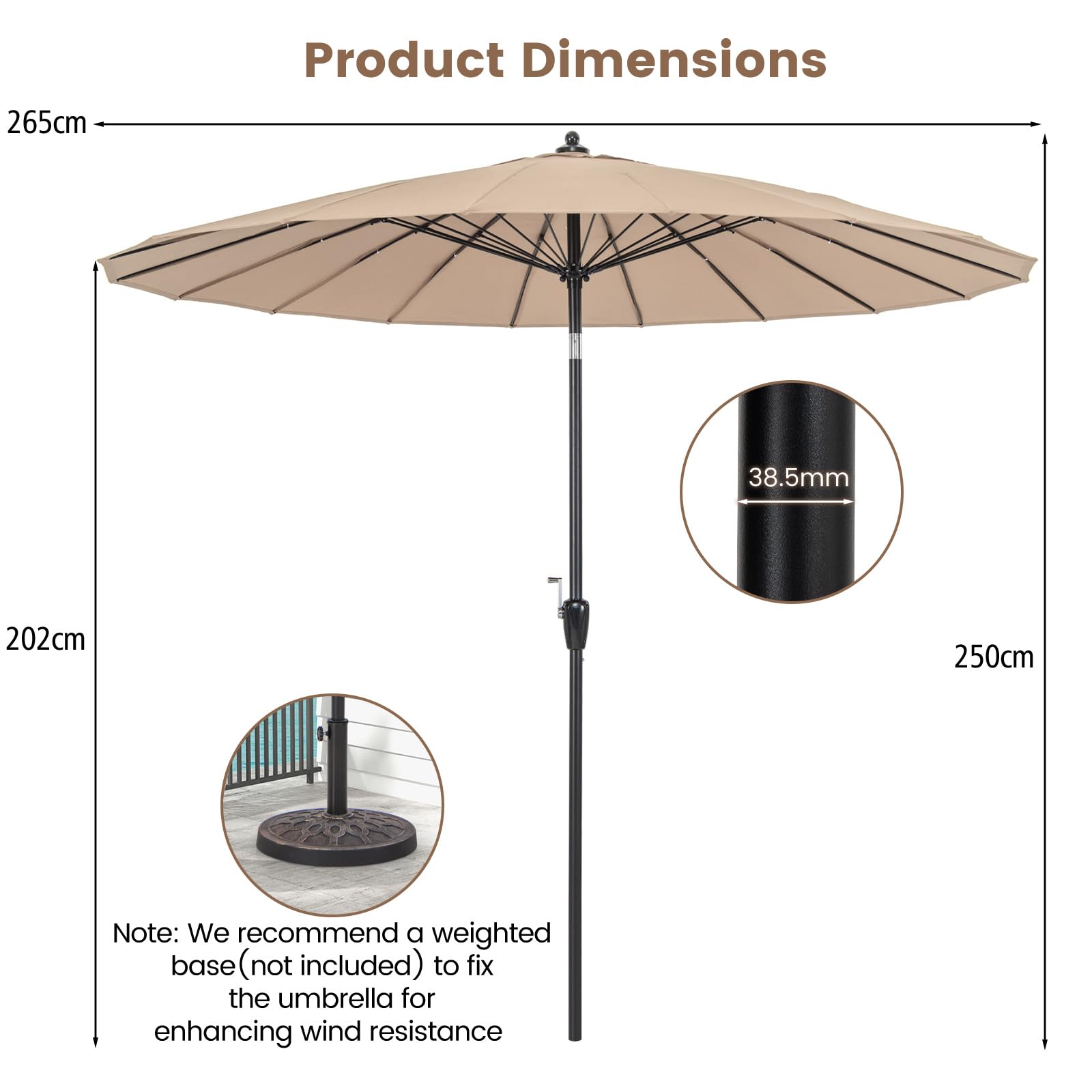 KOMFOTTEU Parasol ogrodowy Ø 265 cm, nachylona osłona przeciwsłoneczna z korbą, parasol zewnętrzny z 18 żebrami, parasol zewnętrzny z ochroną UV na patio, balkon, basen