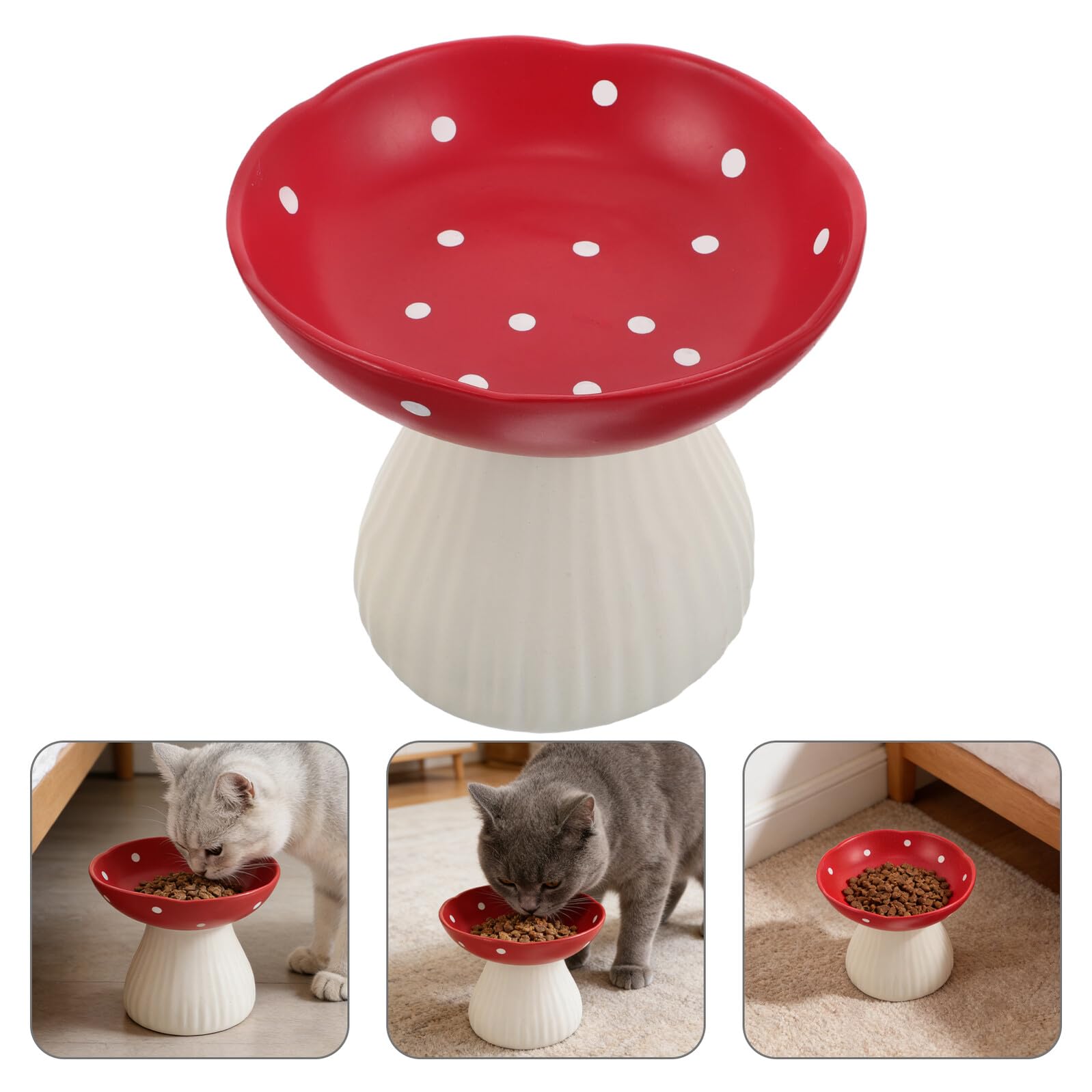 INOOMP Ciotola Rialzata per Gatti in Ceramica Base Antiscivolo, Design Fungo Rosso Ergonomico per Cuccioli e Adulti, Ciotola Facile da Pulire Contro Affaticamento Baffi