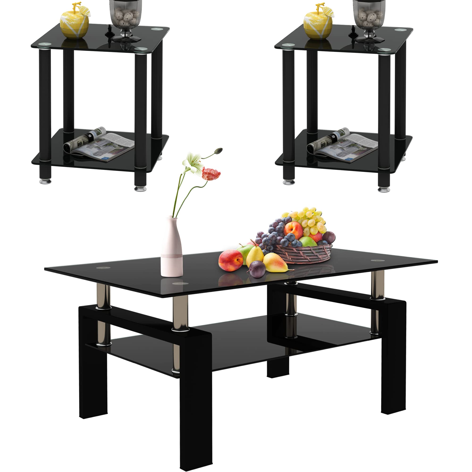 Glass Coffee Table End Table Sets of 3 for Living Room, Mordern Black Sofa Side Tables with Storage, Small Corner Table with Wheels Metal Leg, Rectangle Center Table Home Furniture Set
