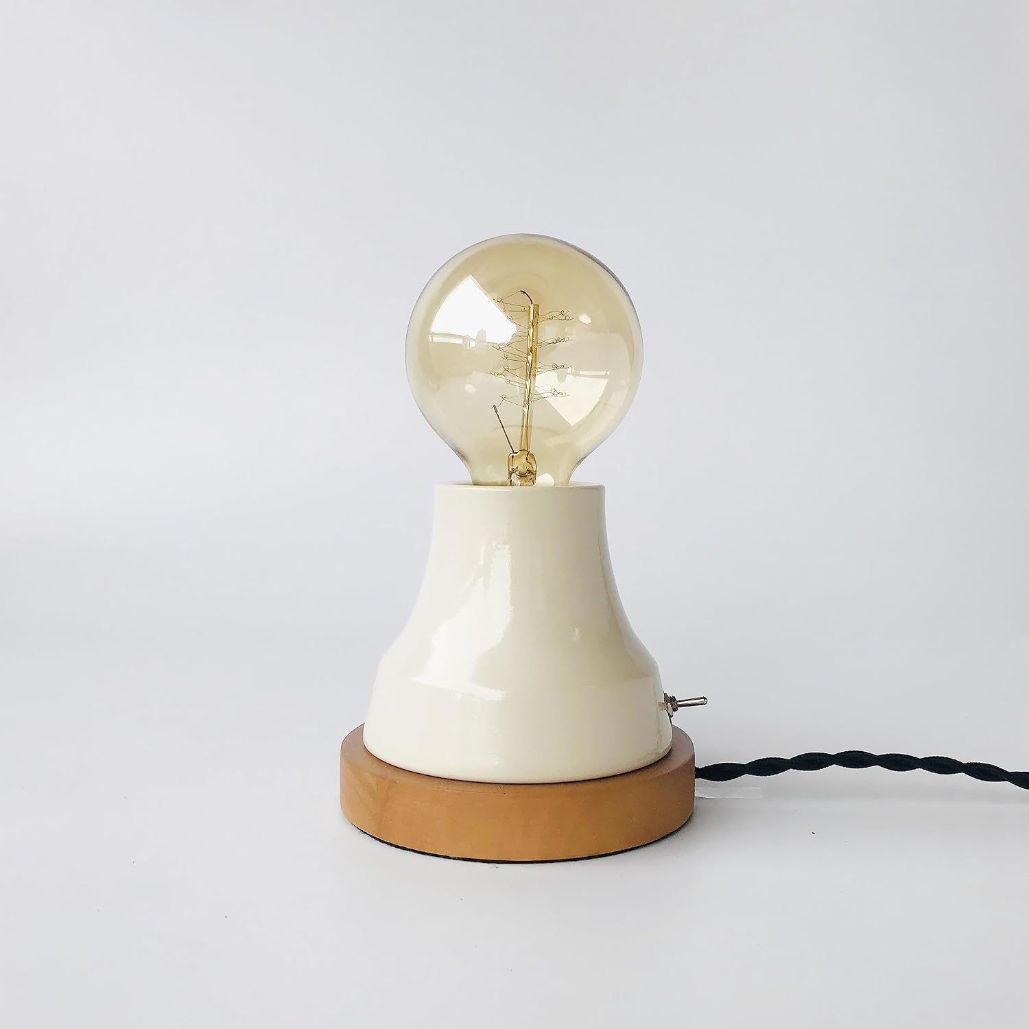 BRIGHTTIA Industrial Vintage Conical Lamp with Wood Base - Exposed Bulb Lamp for Home Office Desk Table & Nightstand - Plug-in Wall Sconce - Holiday Gift for Him, Her and Students (Ivory - BT0002-1V)