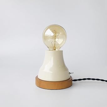 BRIGHTTIA Industrial Vintage Conical Lamp with Wood Base - Exposed Bulb Lamp for Home Office Desk Table & Nightstand - Plug-in Wall Sconce - Holiday Gift for Him, Her and Students Ivory - BT0002-1V