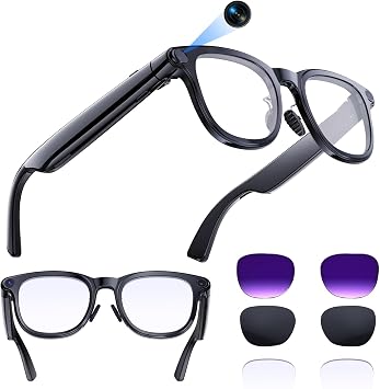 AI Smart Glasses with 4K Camera, 8MPW Anti-Shake Bluetooth Camera Glasses for Women Men, 1080P Video Recording Dual Mic Noise Reduction, Real Time Translation, Voice Assistant for Travel 3 lenses