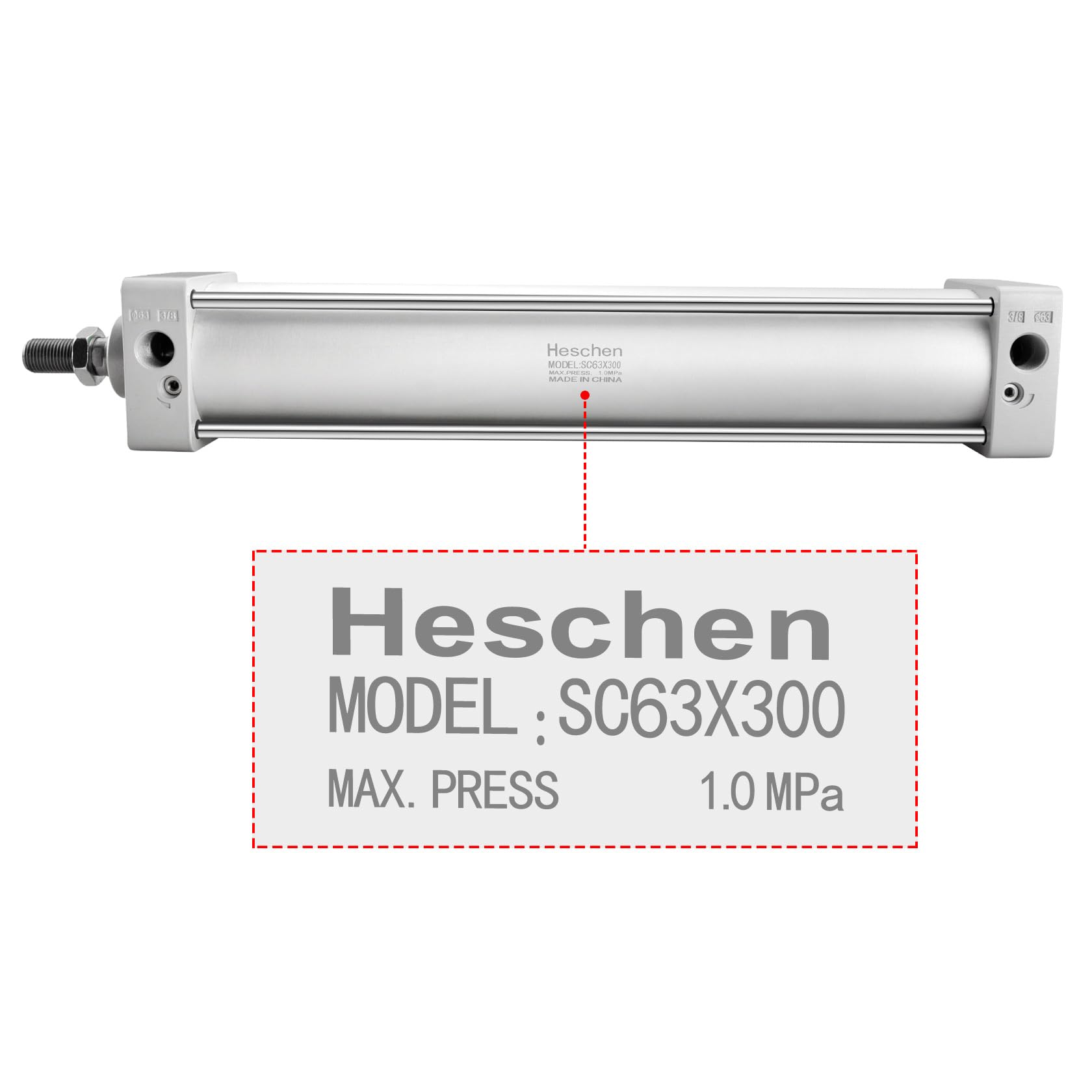 Heschen Cilindro neumático estándar, SC 63-300, PT3/8'' Puerto, 63mm diámetro, 300mm Carrera, Doble Efecto