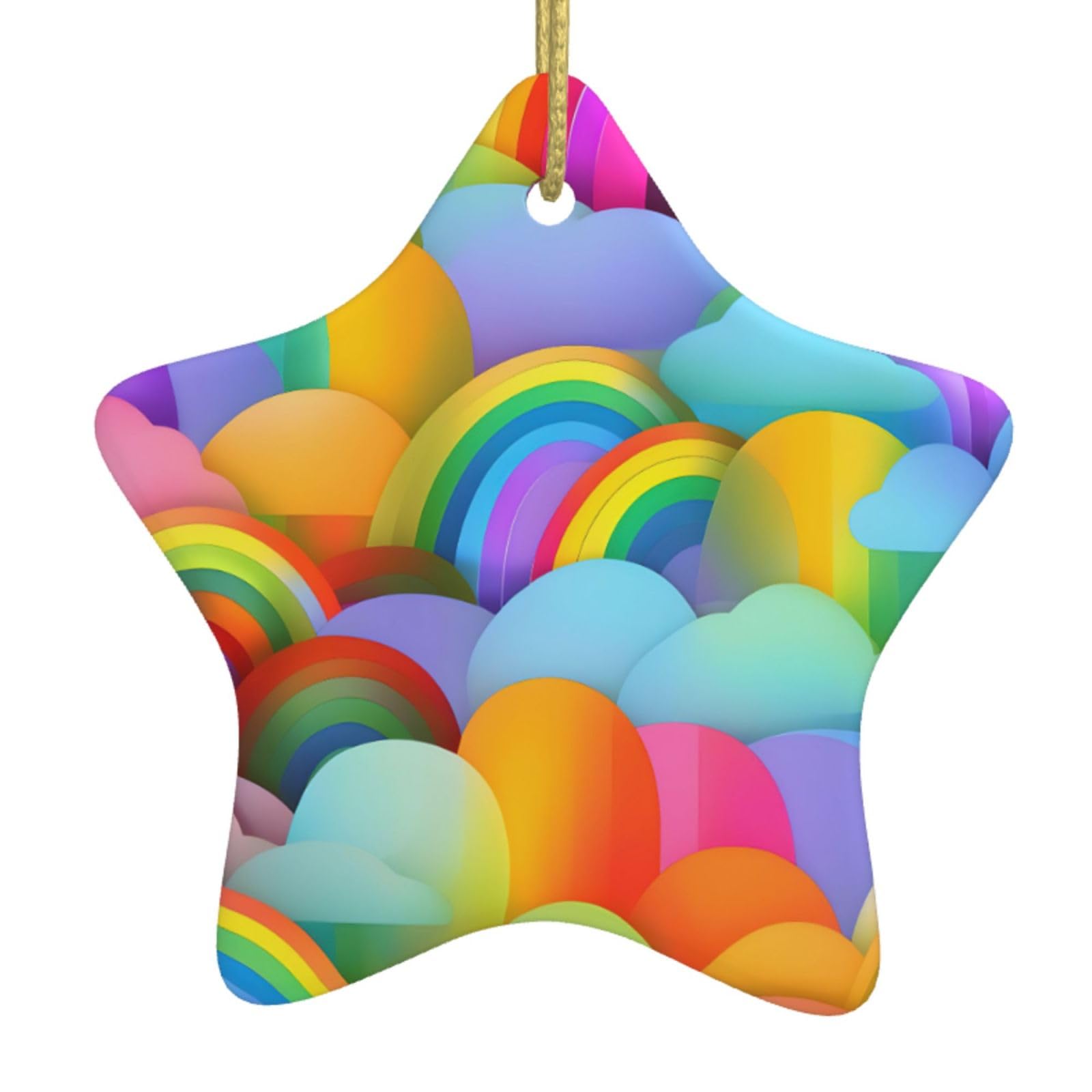 Rainbow Hearts Pattern Print Christmas Ornaments, Ceramic Hanging Ornament, Round Shape Decorations