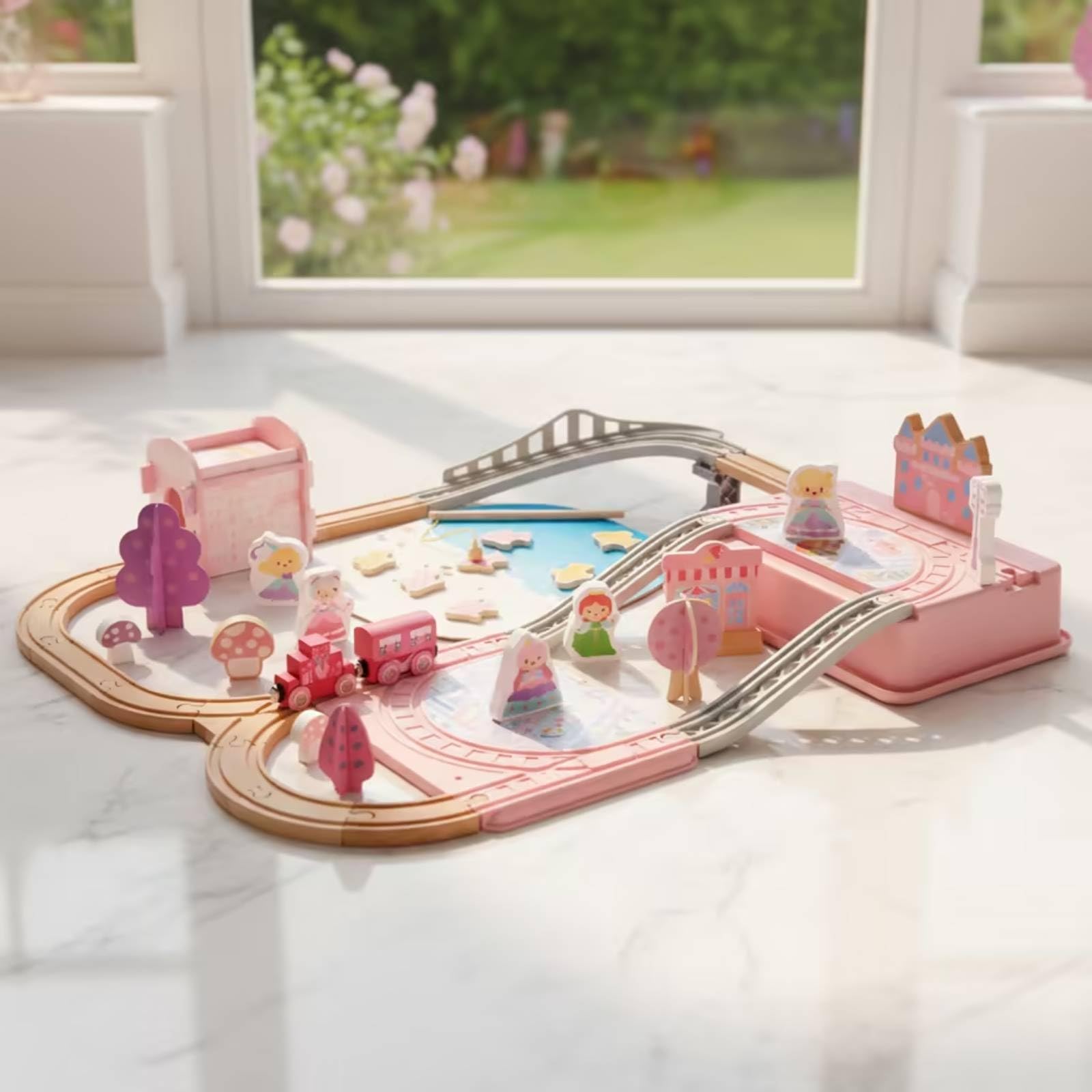 Kinder Aufbaustrecke Holz Eisenbahnset Spielbahn Kinderzug Spielset Holzstrecke Zum Zusammenstecken mit Brückenabschnitten Und Märchenszene für Freies