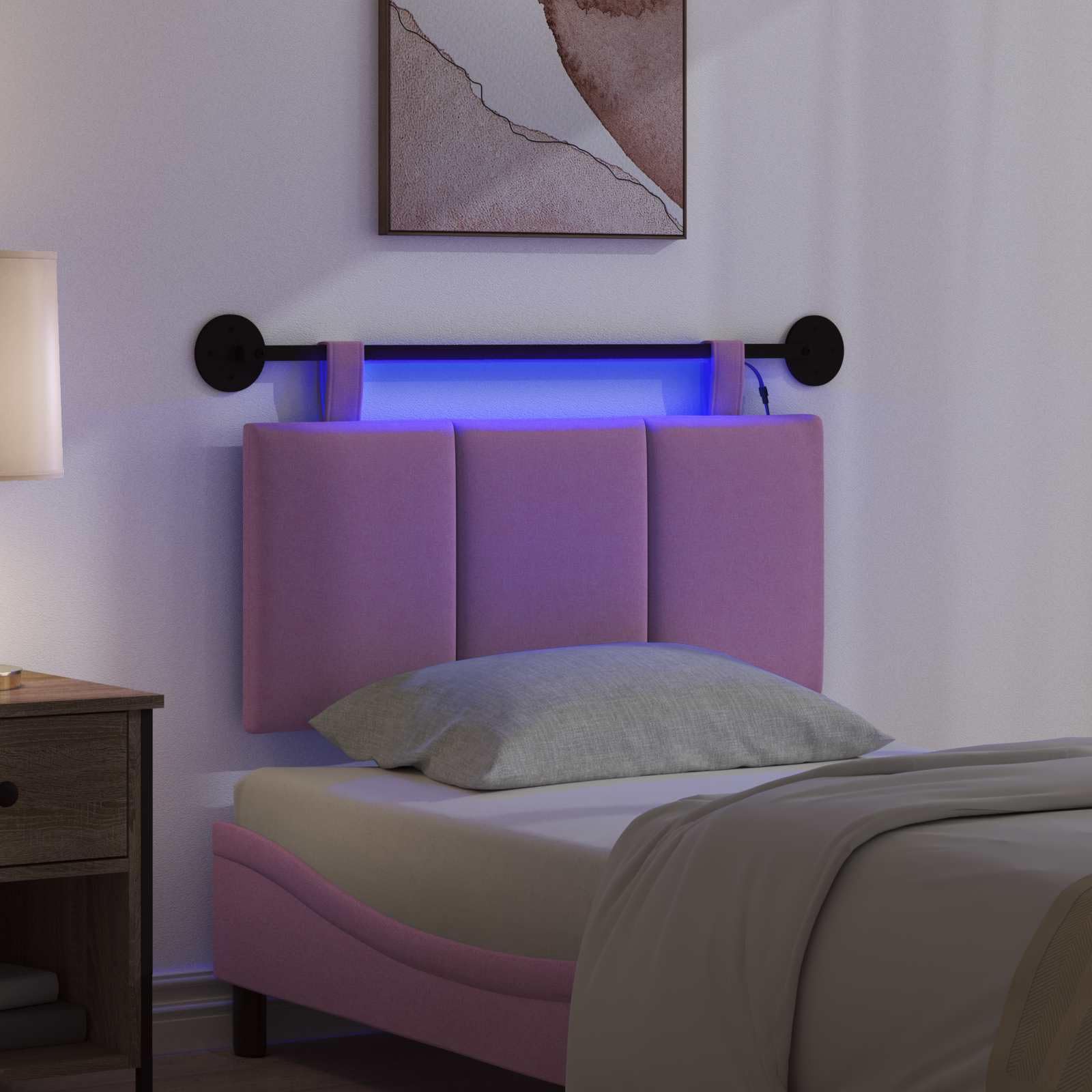Cabecero colgante con luz LED de tela rosa, 90 x 55 x 5 cm, fijación a la pared, correas extraíbles, panel acolchado para dormitorio, habitación de invitados, habitación juvenil, hotel