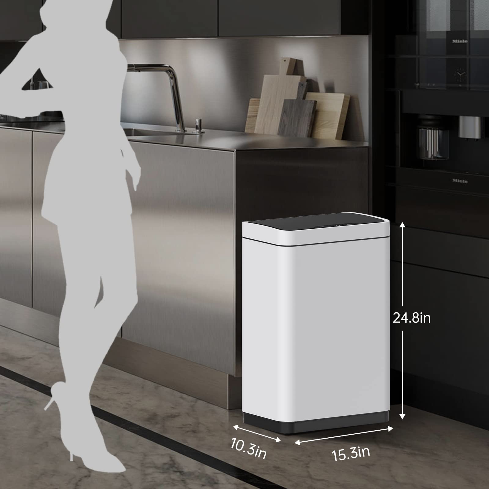 Mbillion Automatischer Mülleimer, 50L, Berührungsloser Sensor, Edelstahl, Intelligenter Mülleimer mit Deckel für Küche, Schlafzimmer, Home Office (Weiß)