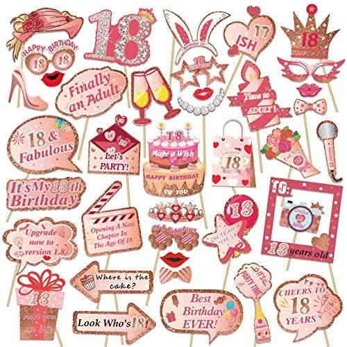 HOWAF 39Pcs 18th Birthday Photo Booth Props, Funny DIY 18th Birthday Party Props Kit for Her Girls Rose Gold Happy 18th Birthday Party Supplies Decoration and Favors