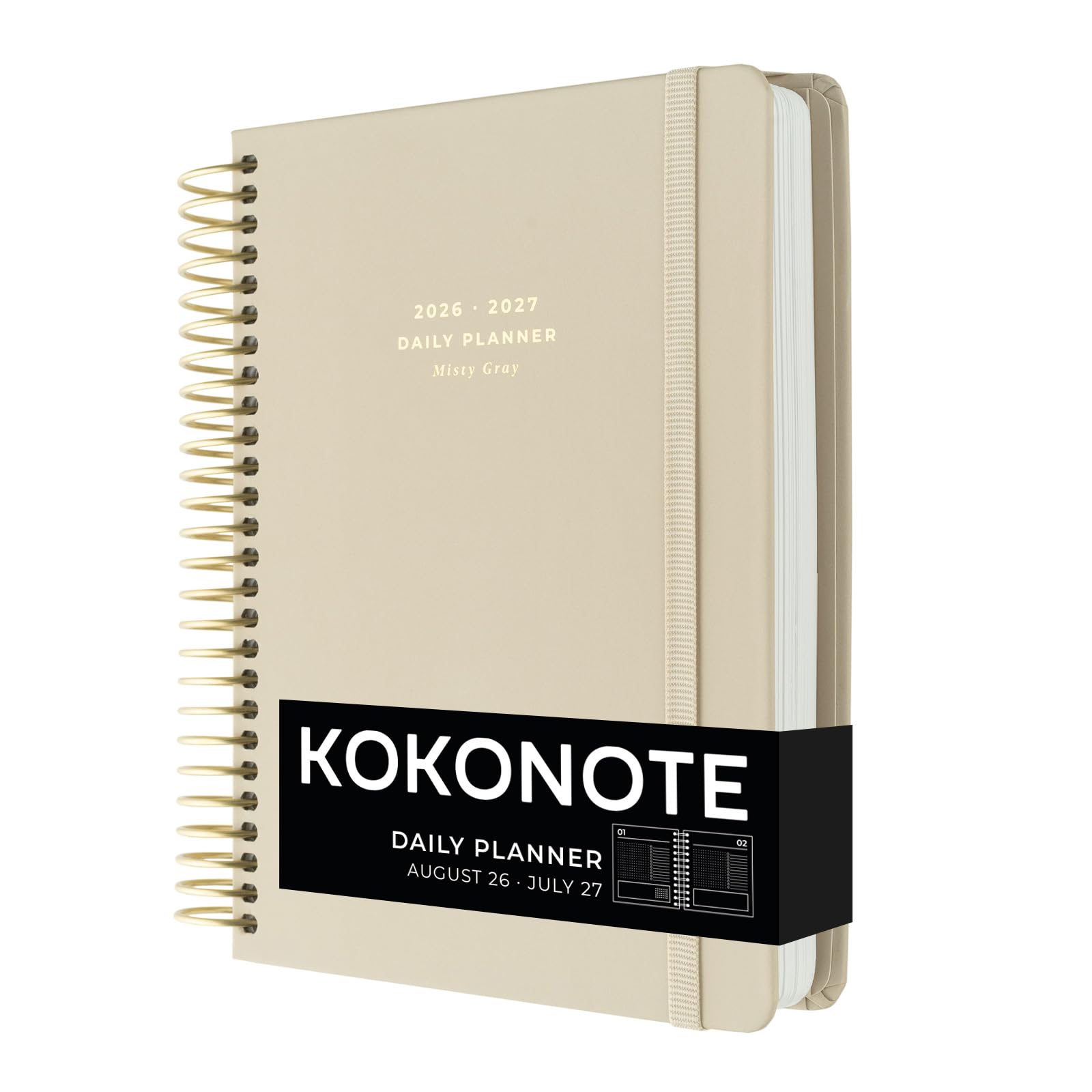 Kokonote Agenda Giornaliera 2026 2027 Misty Gray - Diario Scuola 2026 2027 per Università e Scuola Superiore | Daily Planner con Copertina Rigida, Segnalibri, Stickers e Anelli Rinforzati (18x21,5cm)